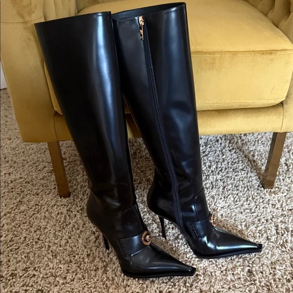 Versace Black Over the Knee Boots with Gold Medallion - Picture 4 of 9